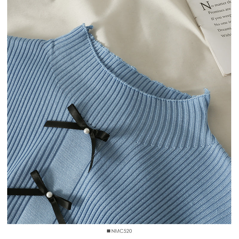 Korean bow decorative nail bead half high neck sweater for women  2053