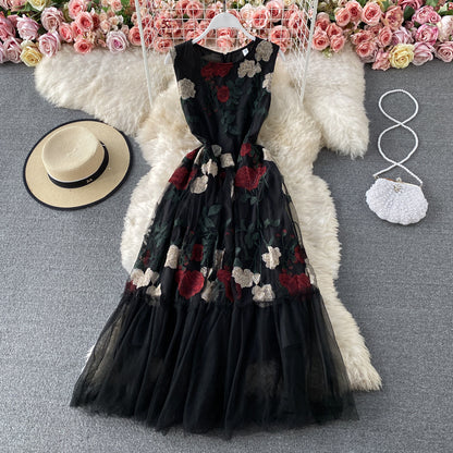 French Vintage mesh Rose Embroidered round neck dress  2942