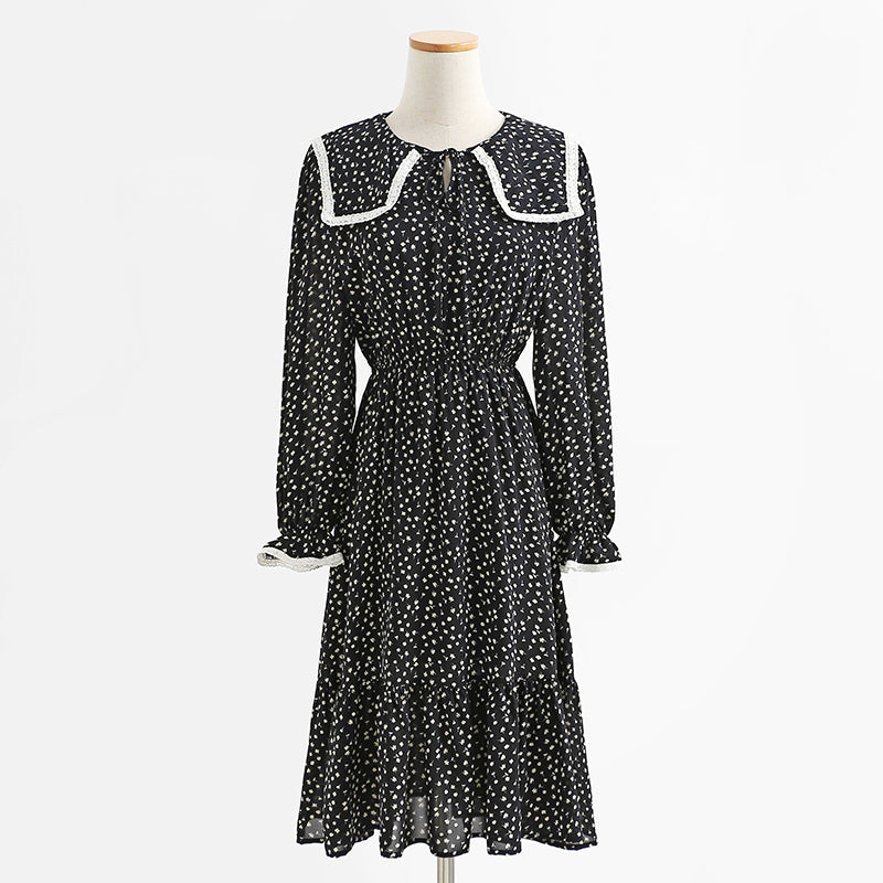 Slim baby collar coffee floral dress lace up dress  2321