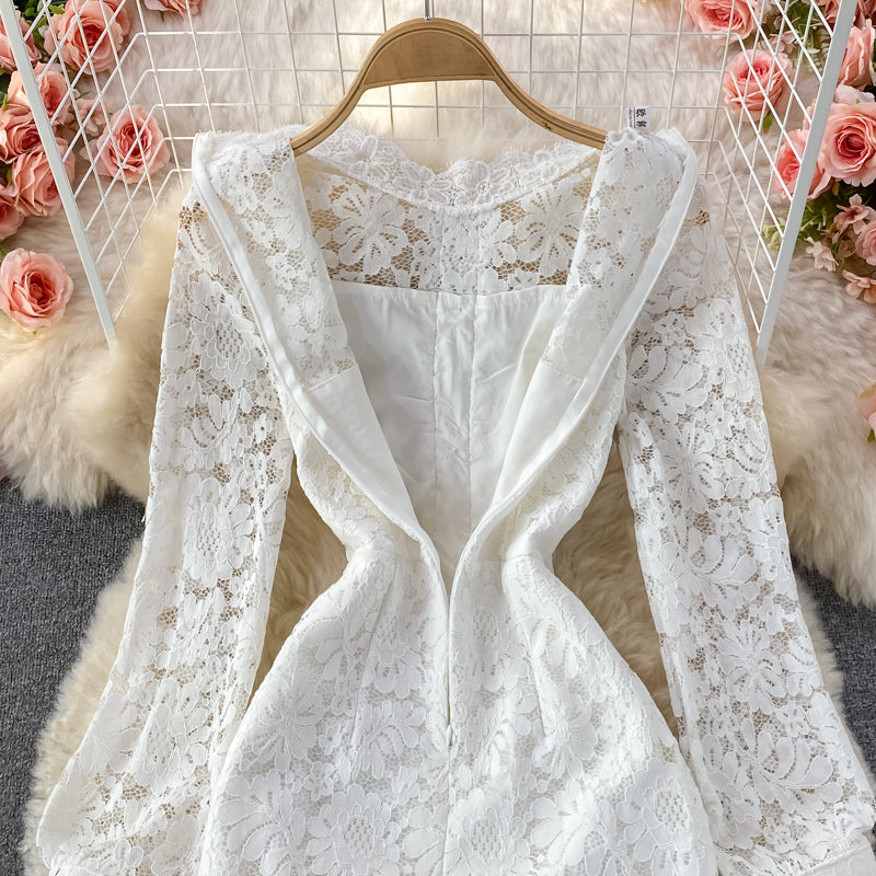 Light luxury medium length stand collar lace Hip Wrap Dress long sleeve  3236