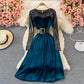 Golden velvet waist closing thin Sequin stitching Crew Neck Dress  3246