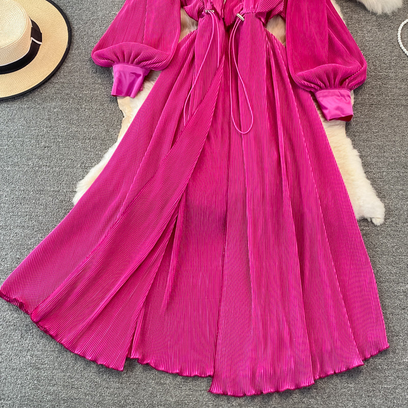 Bubble sleeve waist closing thin Ruffle Pleated Dress  3386