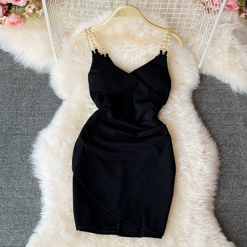 Slim wrap hip skirt low chest V-neck dress  2767