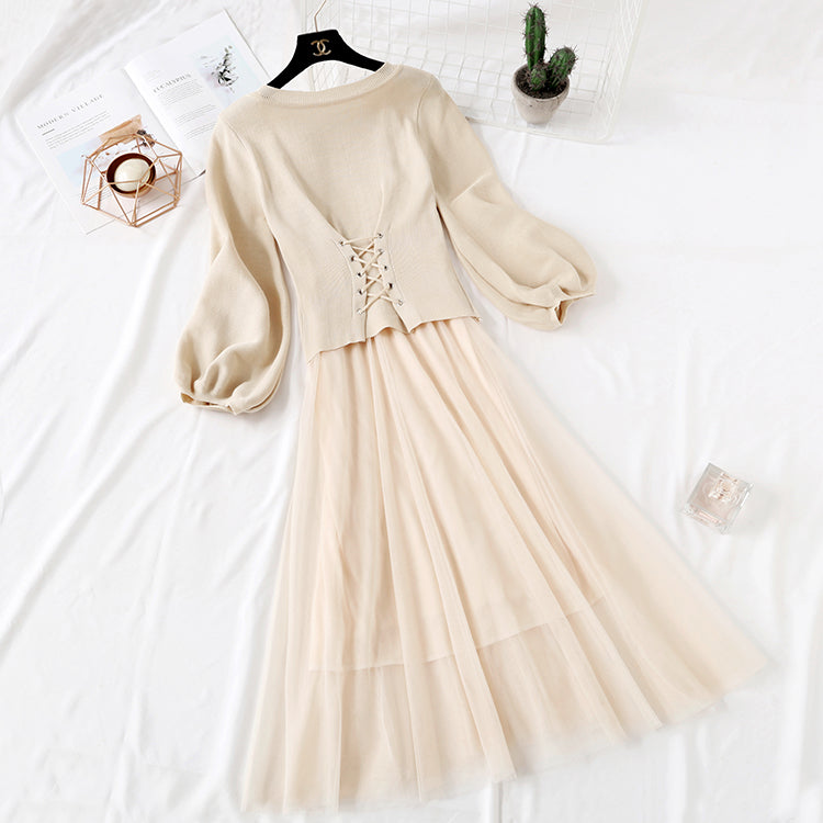 Suit bubble sleeve fairy suspender mesh skirt fashion two-piece set  2146