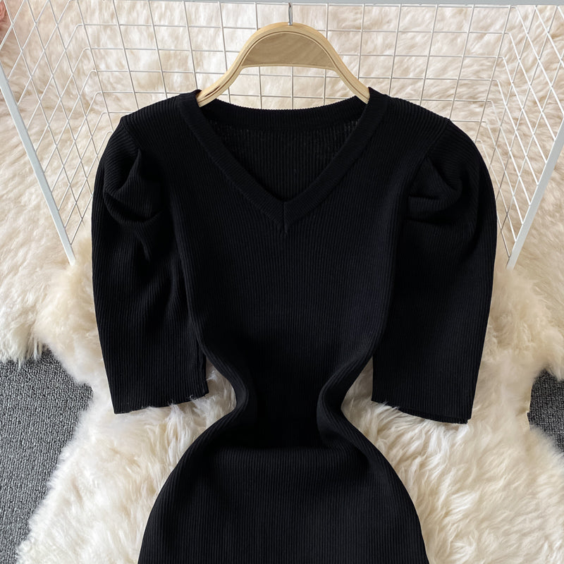Temperament bubble sleeve slim V-neck wrap hip dress  2895
