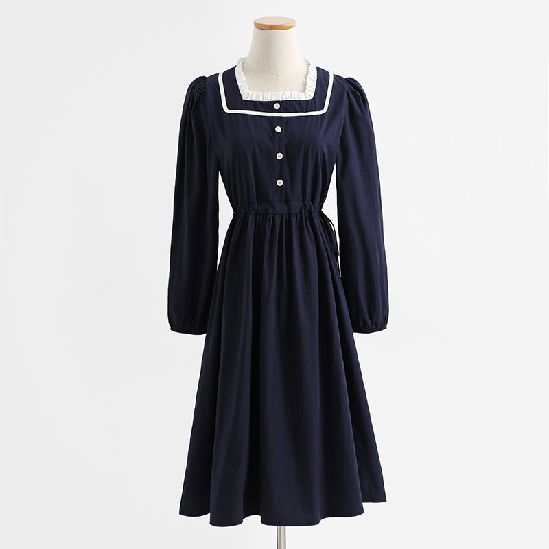 French retro long sleeved dress, college style, slim waist, red bottomed skirt  2269