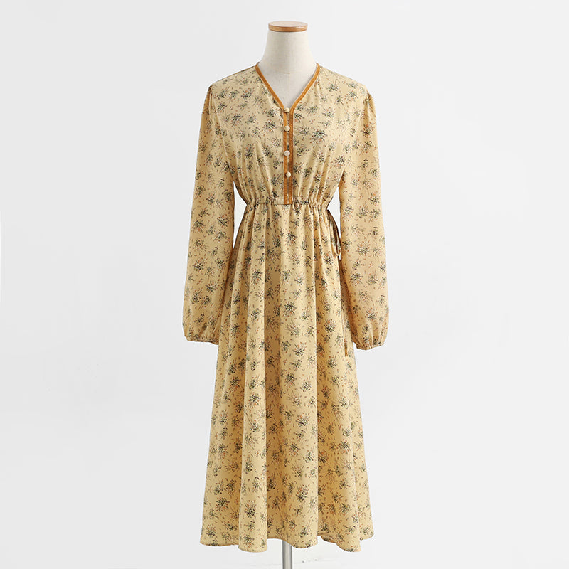 French retro minority temperament gentle wind long sleeve Floral Dress  2254