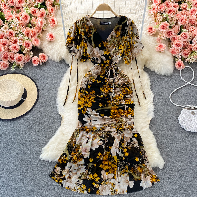 V-neck Floral Chiffon Dress split slim wrap hip fishtail dress  3214