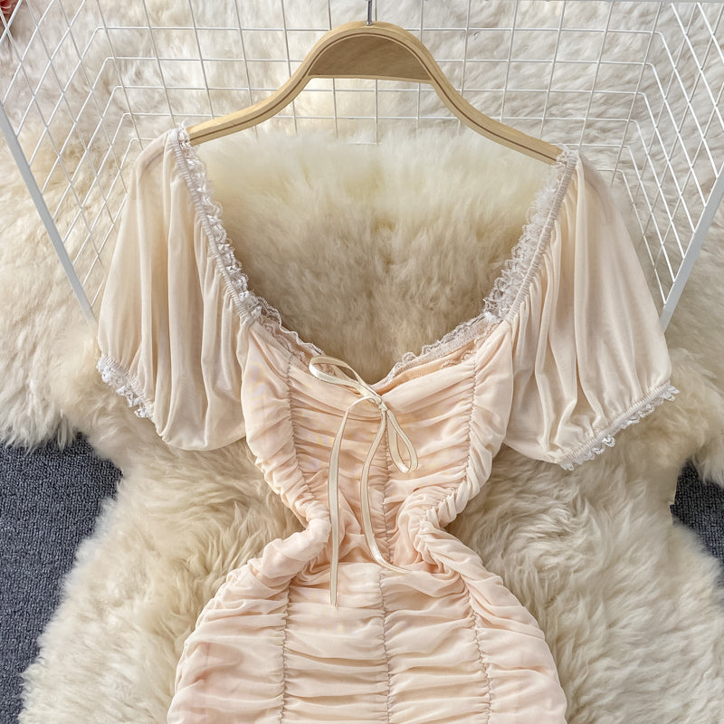 French Ruffle sweet square neck dress  2797