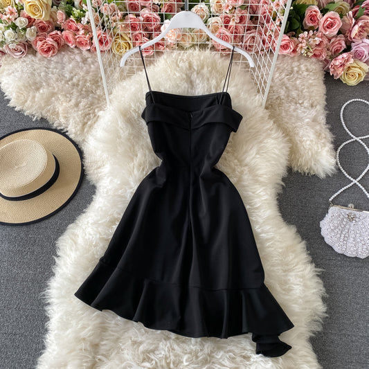 Straight neck, open back, waist closed, thin, irregular Ruffle suspender dress  2943