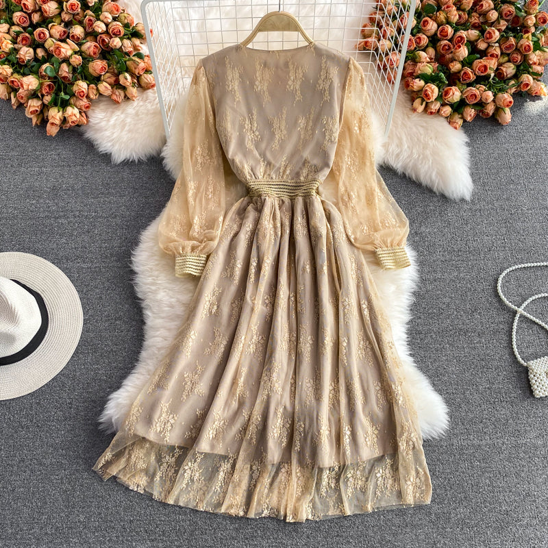Lace mesh embroidery V-neck dress  2989