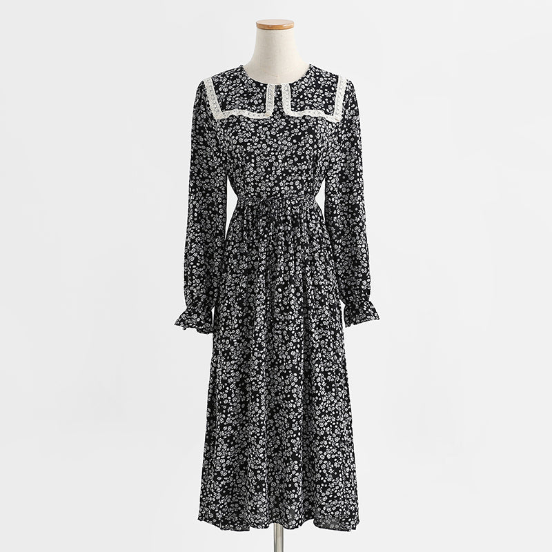 Dress gentle wind long sleeved chiffon skirt with slim waist and long Lapel skirt  2175