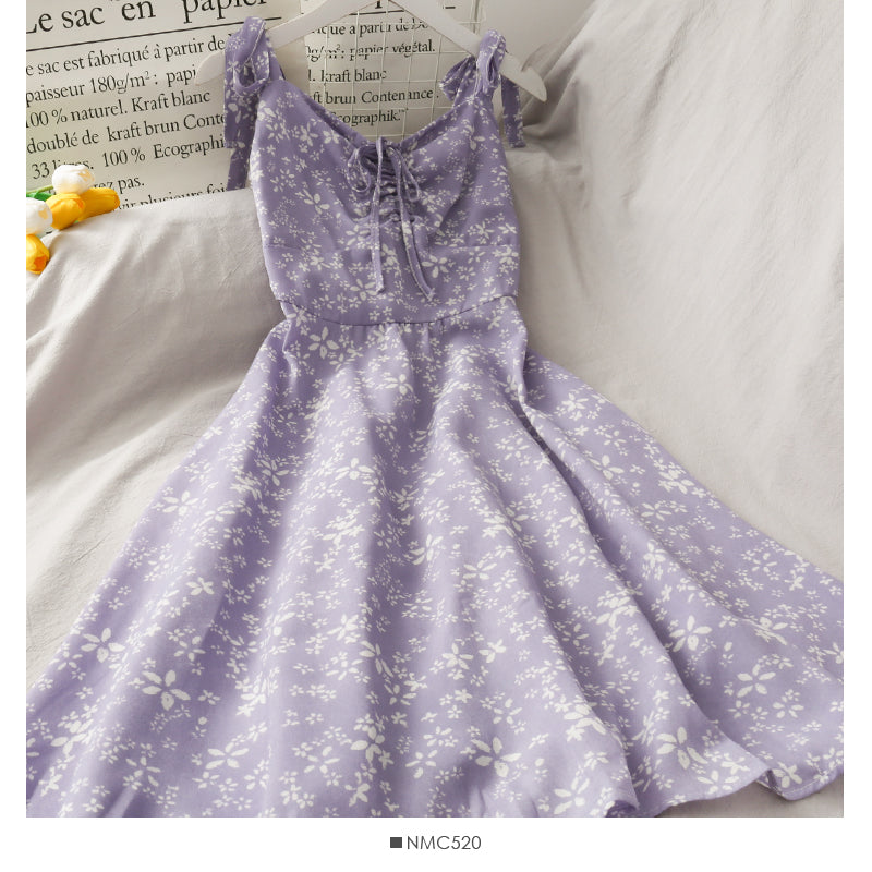Sweet floral V-neck suspender dress drawstring pleated slim fit  2699