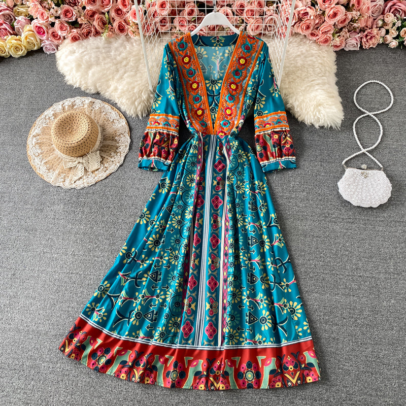 Heavy industry embroidery V-neck Decor dress  3187