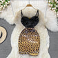 Sexy Leopard stitching contrast backless strapless dress  3376