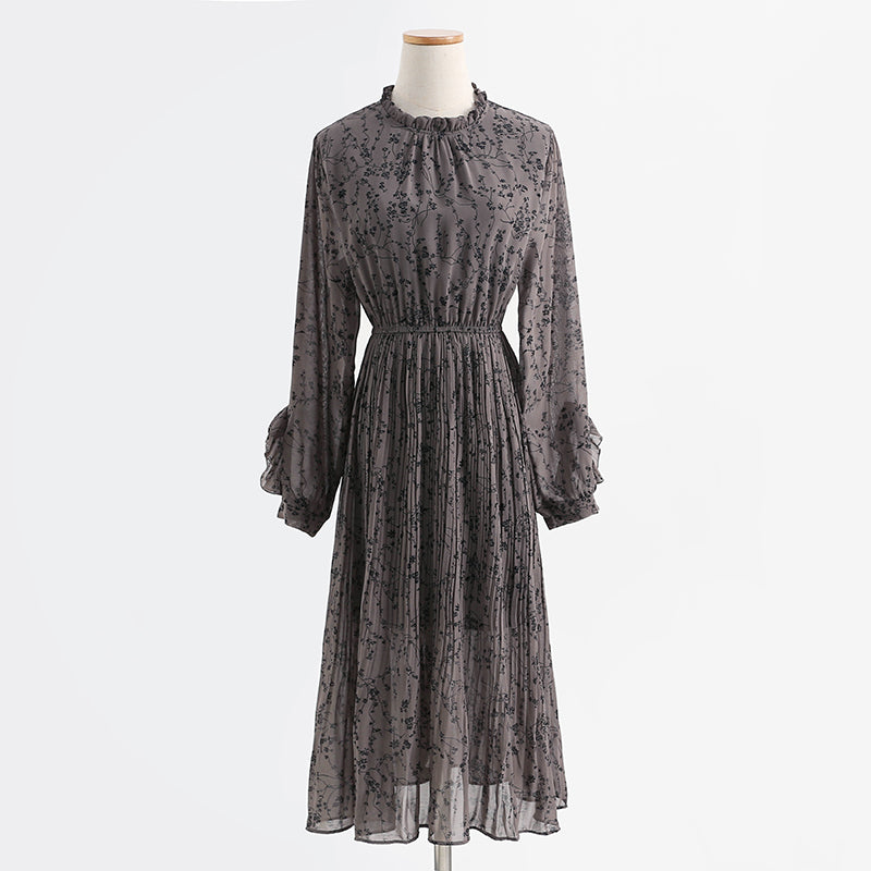Chiffon pleated skirt, fungus floral dress, slim dress, lady dress  2432