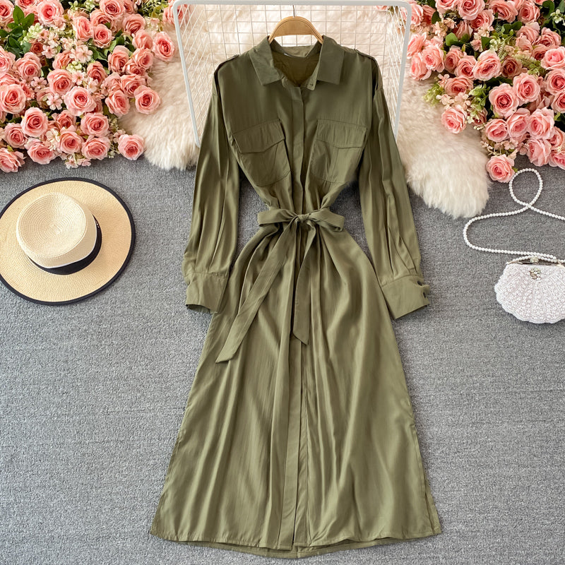 Loose and slim medium length single breasted Lapel dress  3245