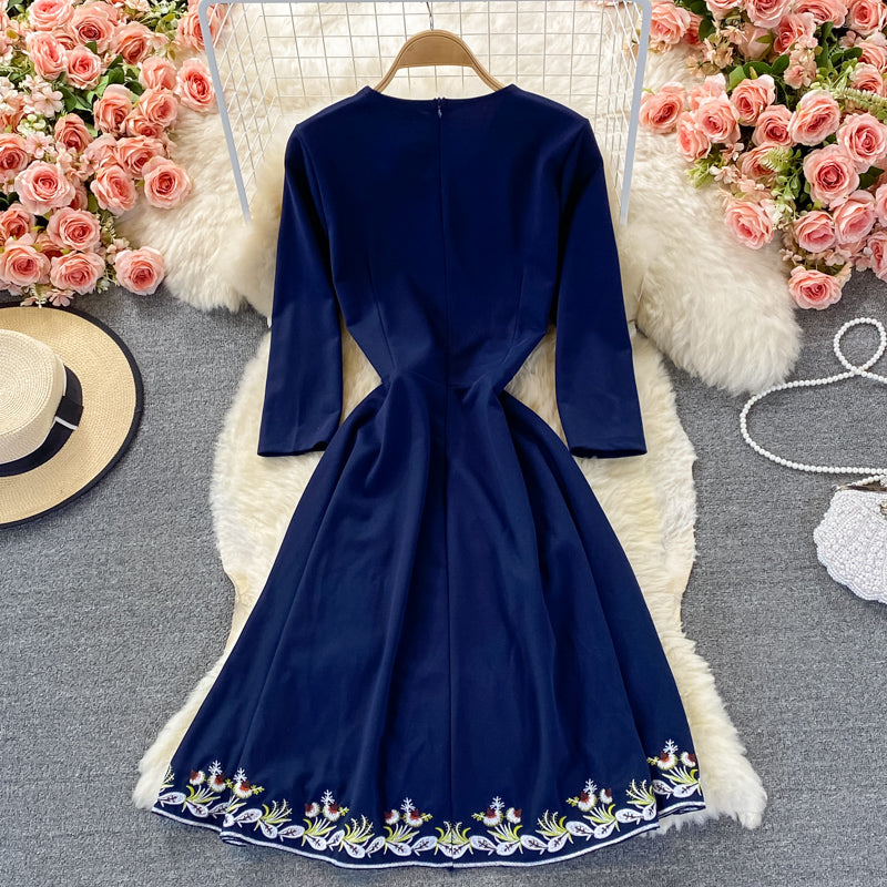 Temperament V-neck lace up skirt Ruffle embroidered dress  3250