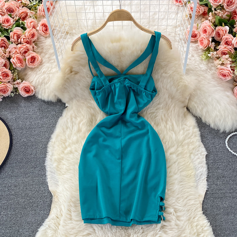 Hanging neck, open shoulder, cross tight, hollow out, waist and hip dress  2825