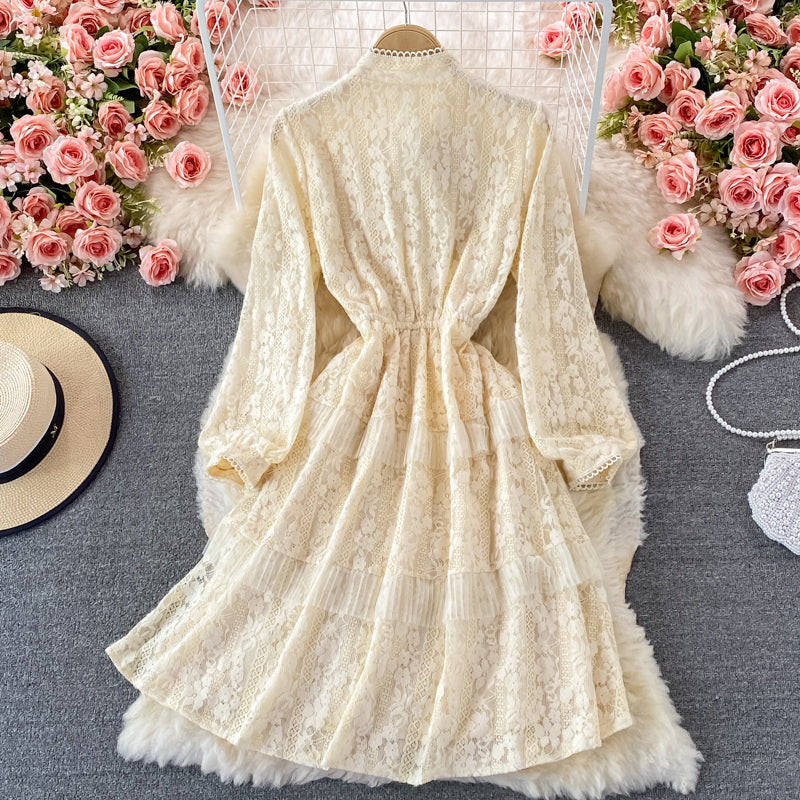 Medium length waist slim BOW LACE DRESS  3232