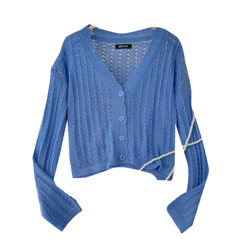 Knitted cardigan thin hook flower hollow out long sleeve  1583