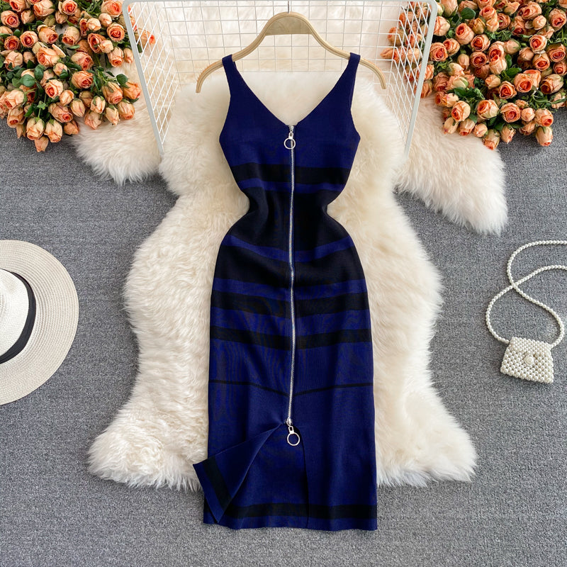 Sleeveless zipper V-neck contrast medium length knitted vest skirt  2992