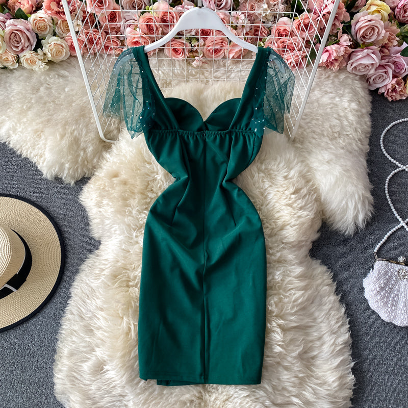 Sexy, rückenfreies, plissiertes, schmales Wickel-Hüftrock-Mode-Split-Kleid 3284