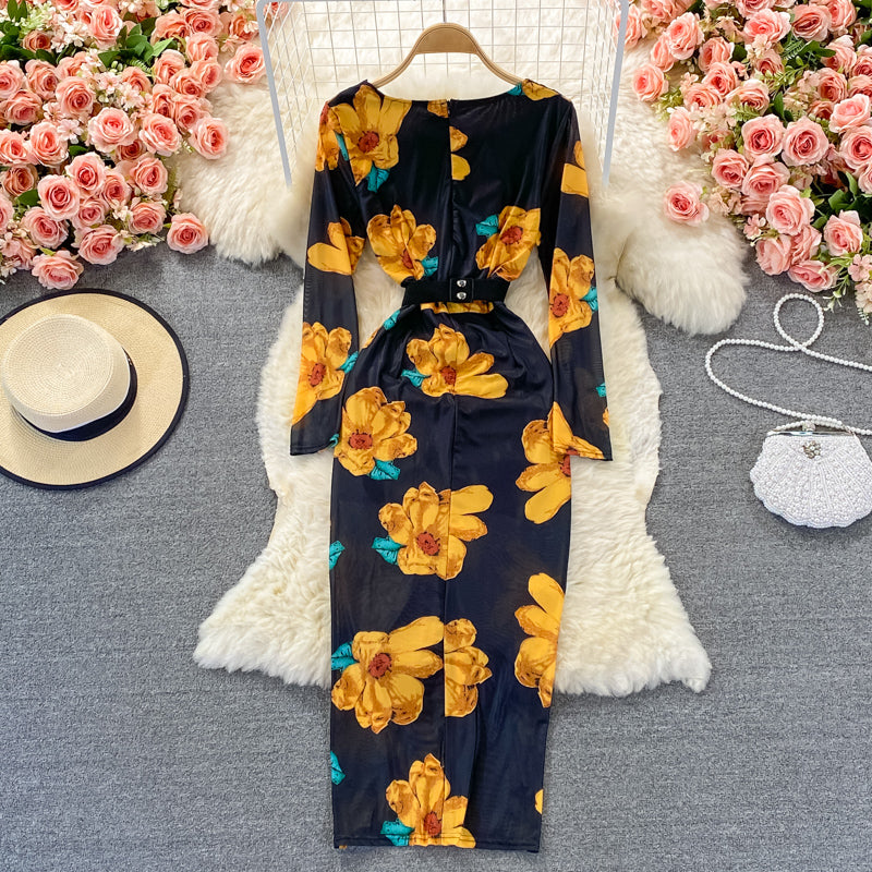 Sexy V-neck printed elastic slim wrap hip dress  3248