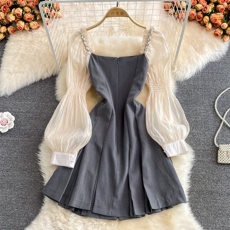 Narrow waist single breasted bubble sleeve square neck A-line dress  3117