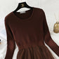 French Vintage mesh stitching knee length sweater skirt  2360