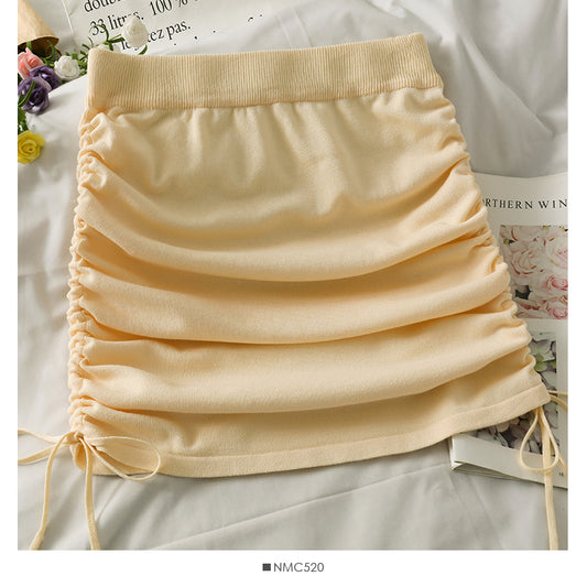 French niche design drawstring pleated High Waist Hip Wrap Skirt  2478