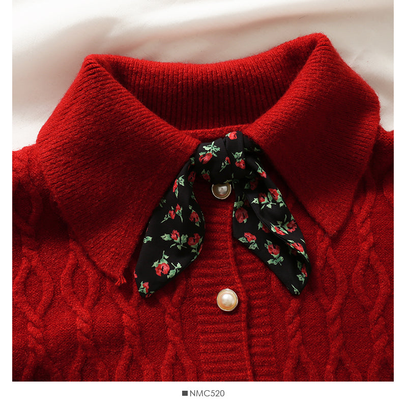 Sweater female autumn dress broken flower BOW TIE LAPEL  1792