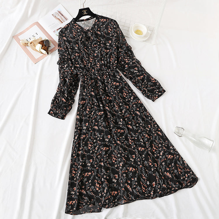 Long sleeve bow tie lace up Ruffle Bubble Sleeve Chiffon Skirt  2354