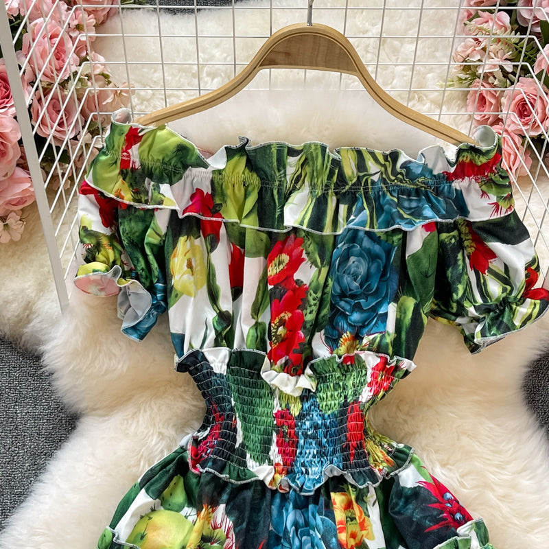 Waist print Ruffle A-line skirt dress  3194