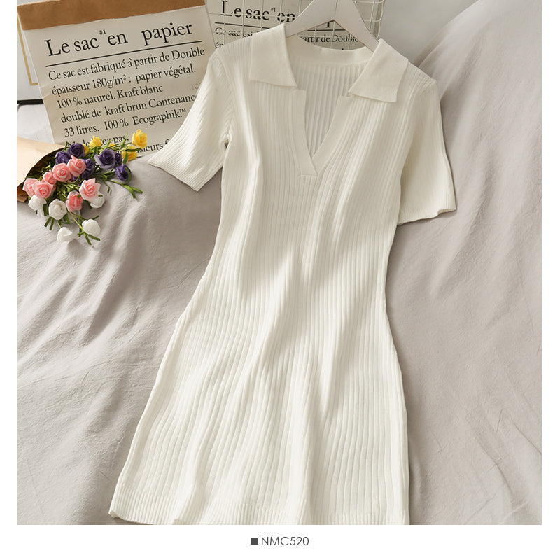 Simple and versatile solid color tight Lapel high waist wrap hip dress  2689
