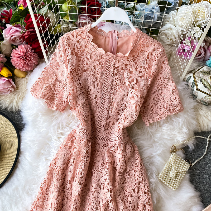 New over knee white lace dress sweet fairy skirt short sleeve long skirt  3136