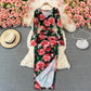 V-neck print slim split dress  3086