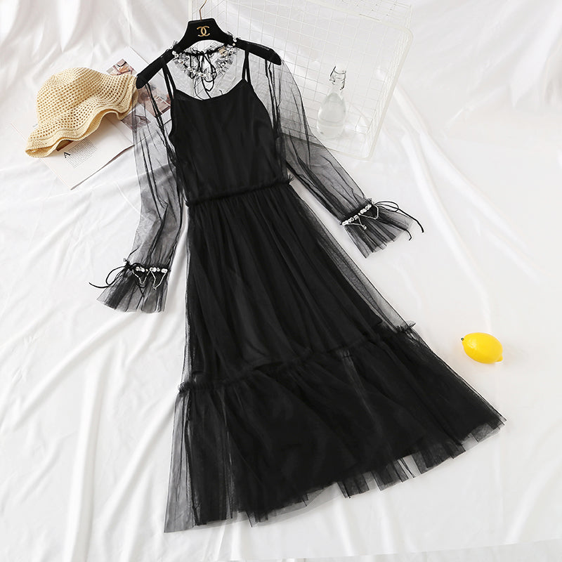 Mesh dress French elegant Sequin beaded lace up bottom skirt  2456
