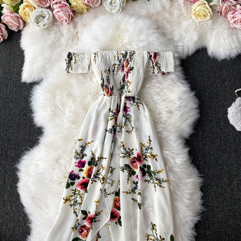 Fashion temperament one shoulder Strapless Floral Dress  2927