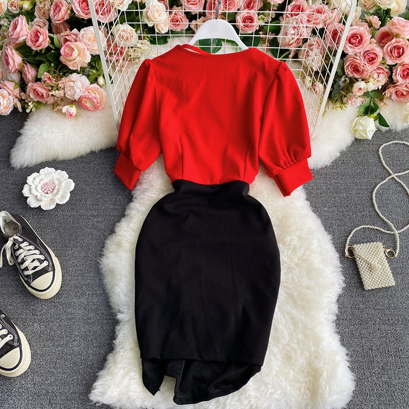 Light familiar commuter V-neck Pleated Dress  3291