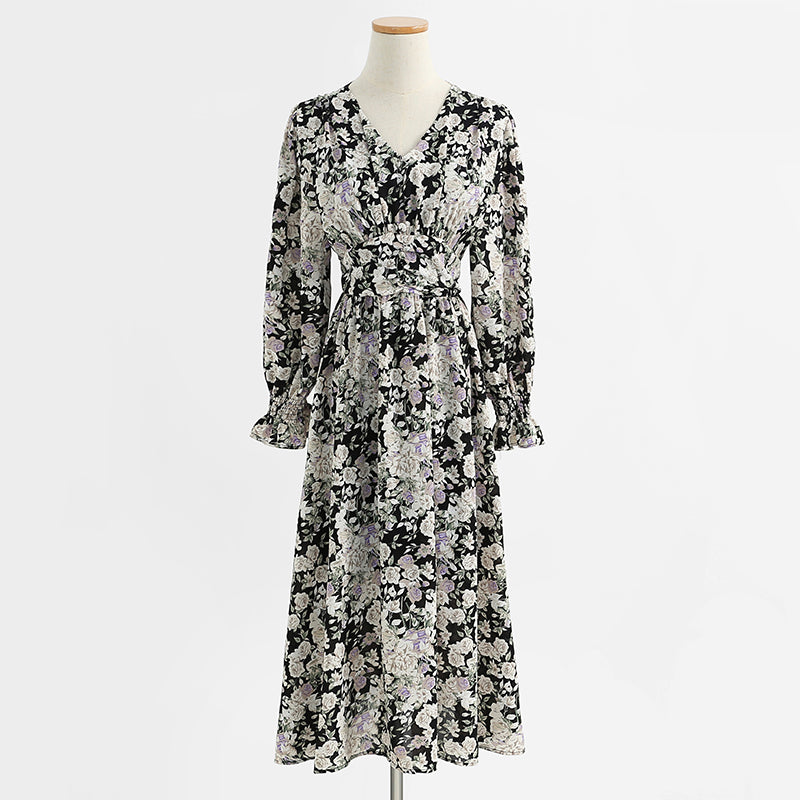 Long sleeve floral dress long fairy French Vintage Chiffon  2430