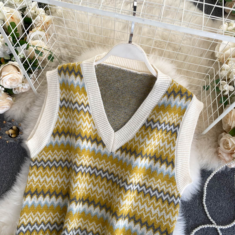 Korean Vintage sweater feminine V-neck slim fit short sweater top vest  1573