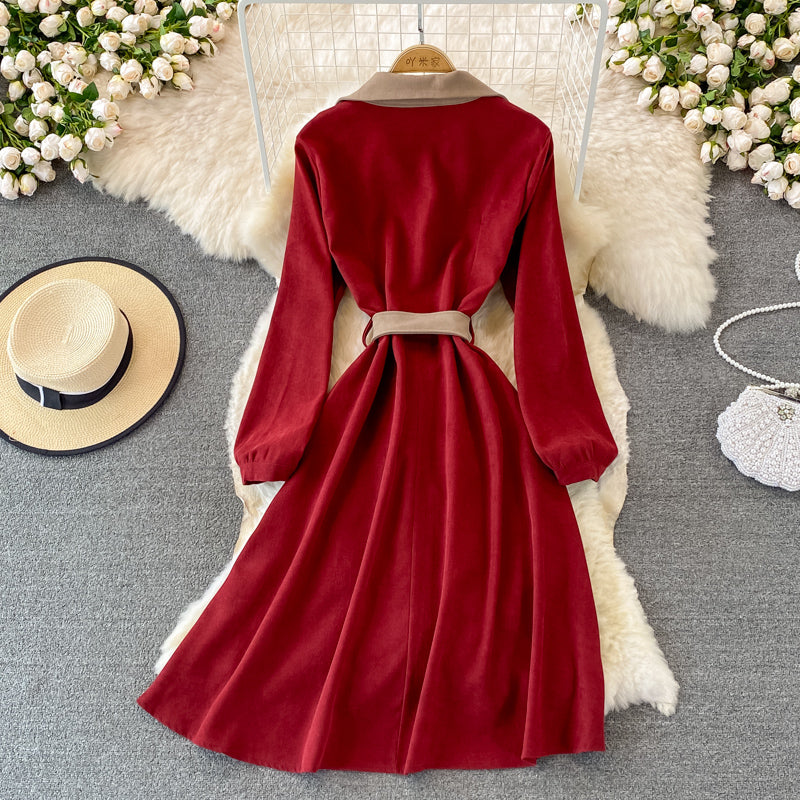 Lapel waistband shows thin temperament corduroy dress  3389