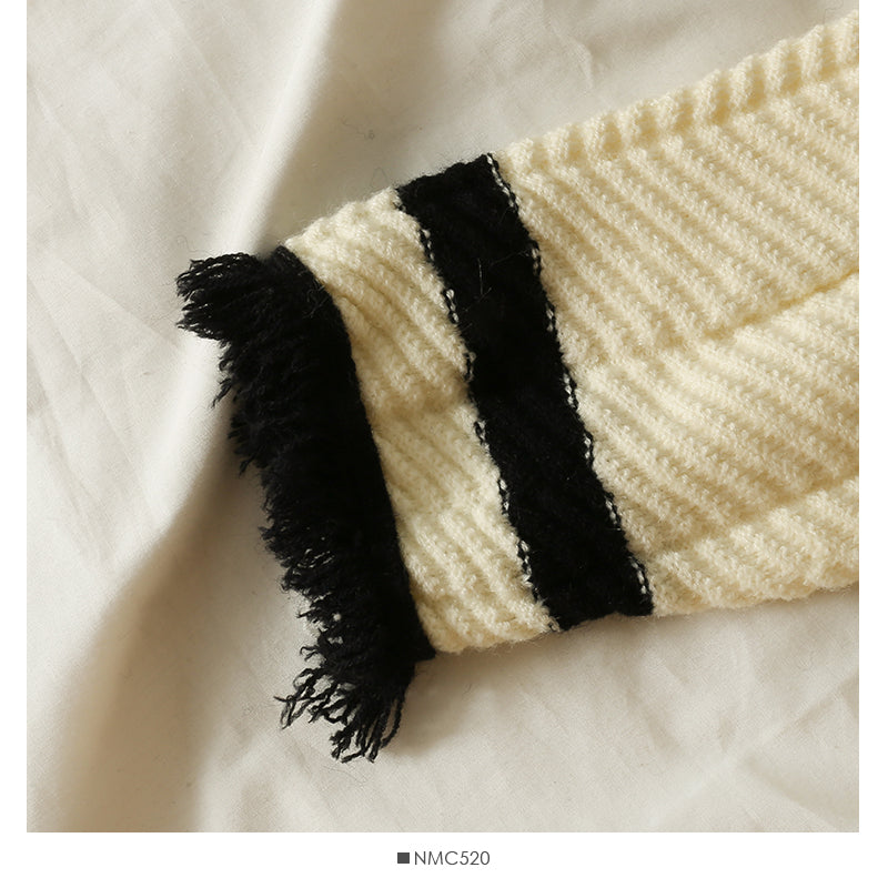 Hong Kong style retro color matching tassel single breasted sweater  2050