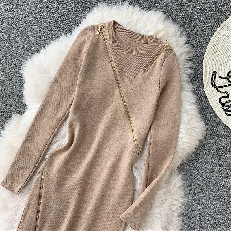 Round neck knitted dress with buttocks and bottomed wool skirt  3133