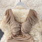 French sexy high waist thin pleated square neck wrap hip dress  2715