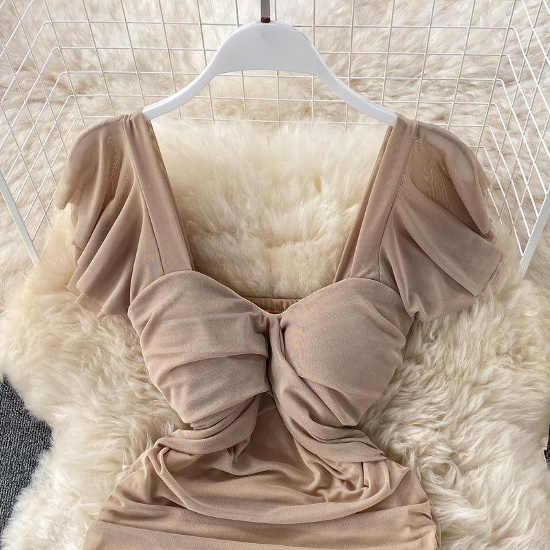 French sexy high waist thin pleated square neck wrap hip dress  2715