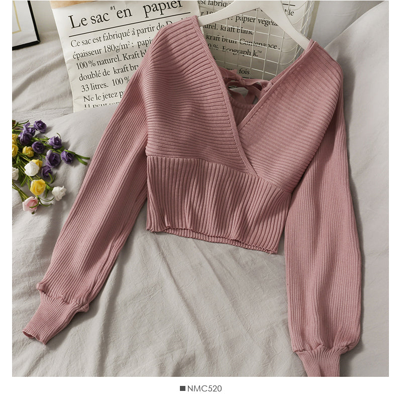 Women's Cross V-Neck long sleeve short waist knit  1698