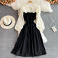 Vintage Lace stitched doll neck with slim waist corduroy dress  3384