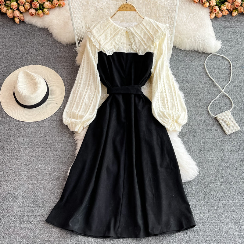 Vintage Lace stitched doll neck with slim waist corduroy dress  3384